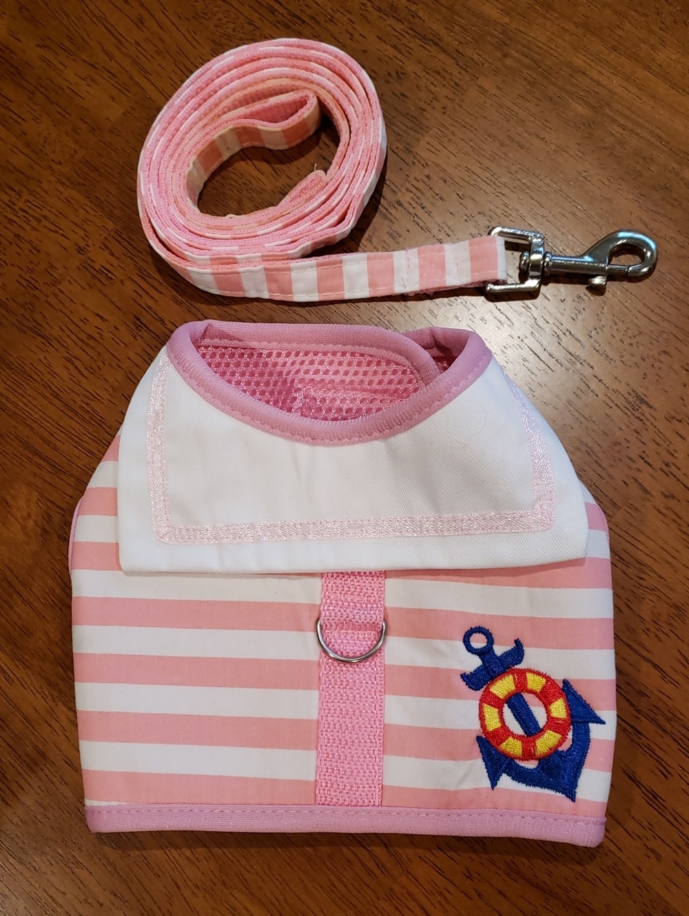 Pink Striped Sailor Look Dog Harness & Leash Set
